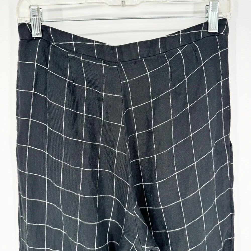 REFORMATION High Rise Windowpane Plaid Linen Trousers Black/White Size S Office